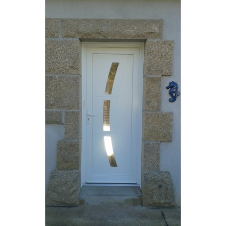 Porte d'entrée en PVC avec panneau décor vitré de couleur blanche